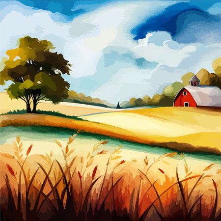 Farm on a hill with yellow or golden wheat field in a watercolor style, agriculture, cultivation, countryside, fieldのイラスト素材