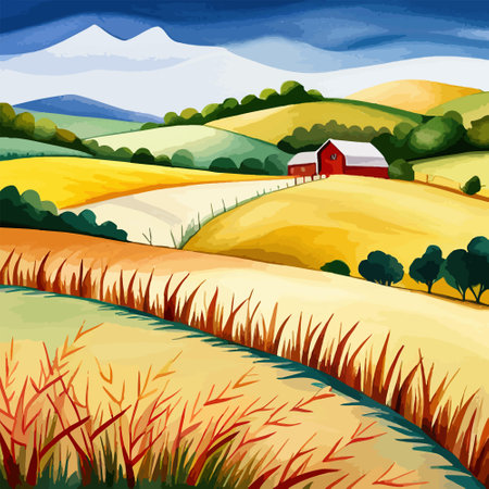Farm on a hill with yellow or golden wheat field in a watercolor style, agriculture, cultivation, countryside, fieldのイラスト素材