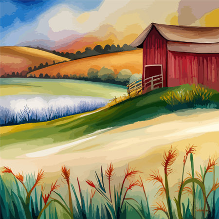 Farm on a hill with yellow or golden wheat field in a watercolor style, agriculture, cultivation, countryside, fieldのイラスト素材