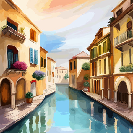 Old town street with water channel Stray vinice background, city landscape view, watercolor drawing, Vector illustration.のイラスト素材