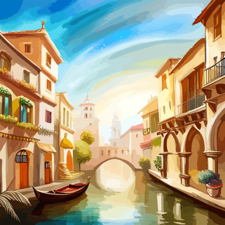 Old town street with water channel Stray vinice background, city landscape view, watercolor drawing, Vector illustration.のイラスト素材
