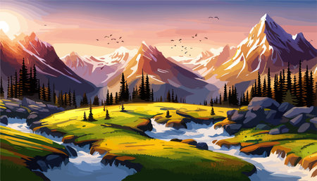 Beautiful fantasy landscape field full of spring, with color, background vector illustration. flowers against backdropのイラスト素材