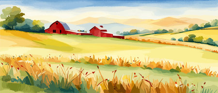 Farm on a hill with yellow or golden wheat field in a watercolor style, agriculture, cultivation, countryside, fieldのイラスト素材