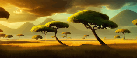 African rainforest. African jungle rainforest panorama with tropical vegetation, exotic fantasy landscape banner vectorのイラスト素材
