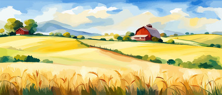 Farm on a hill with yellow or golden wheat field in a watercolor style, agriculture, cultivation, countryside, fieldのイラスト素材