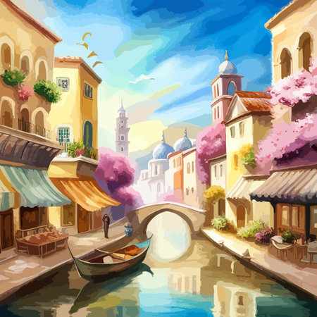 Old town street with water channel Stray vinice background, city landscape view, watercolor drawing, Vector illustration.のイラスト素材