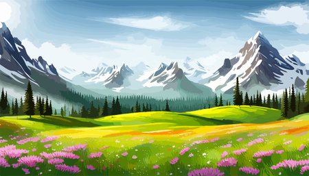 Beautiful fantasy landscape field full of spring, with color, background vector illustration. flowers against backdropのイラスト素材