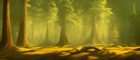 Landscape in scandinavian arctic forest, pine trees and snowy sunset, matte painting vector illustrationのイラスト素材