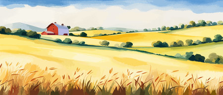 Farm on a hill with yellow or golden wheat field in a watercolor style, agriculture, cultivation, countryside, fieldのイラスト素材