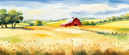 Farm on a hill with yellow or golden wheat field in a watercolor style, agriculture, cultivation, countryside, fieldのイラスト素材