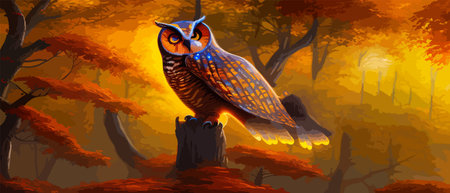 Owl. Realistic bird on dark moon forest background. Dark night background. autumn fairy tale art. Fashion templateのイラスト素材