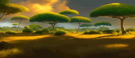 African rainforest. African jungle rainforest panorama with tropical vegetation, exotic fantasy landscape banner vectorのイラスト素材