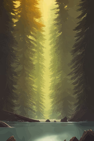 Landscape in scandinavian arctic forest, pine trees and snowy sunset, matte painting vector illustrationのイラスト素材