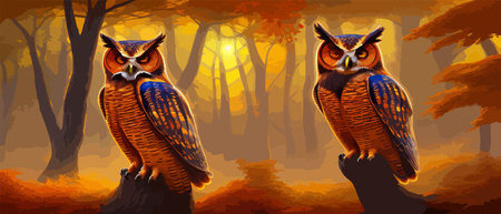 Owl. Realistic bird on dark moon forest background. Dark night background. autumn fairy tale art. Fashion templateのイラスト素材