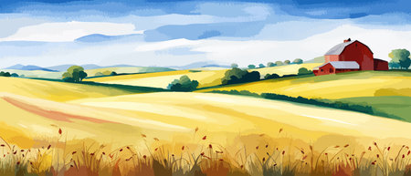 Farm on a hill with yellow or golden wheat field in a watercolor style, agriculture, cultivation, countryside, fieldのイラスト素材