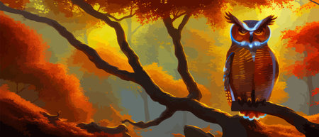 Owl. Realistic bird on dark moon forest background. Dark night background. autumn fairy tale art. Fashion templateのイラスト素材