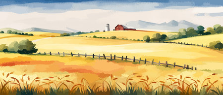 Farm on a hill with yellow or golden wheat field in a watercolor style, agriculture, cultivation, countryside, fieldのイラスト素材