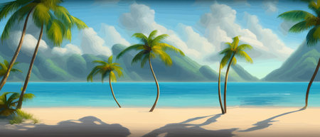 Stunning tropical beach with crystal clear water, palm trees, and blue sky, with copy space. Summer landscapeのイラスト素材