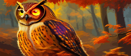 Owl. Realistic bird on dark moon forest background. Dark night background. autumn fairy tale art. Fashion templateのイラスト素材