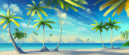 Stunning tropical beach with crystal clear water, palm trees, and blue sky, with copy space. Summer landscapeのイラスト素材