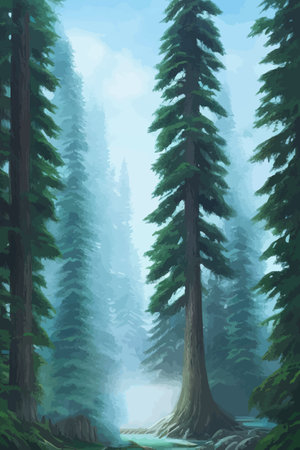 Landscape in scandinavian arctic forest, pine trees and snowy sunset, matte painting vector illustrationのイラスト素材