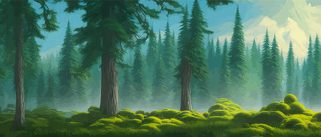 Landscape in scandinavian arctic forest, pine trees and snowy sunset, matte painting vector illustrationのイラスト素材