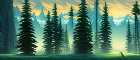 Landscape in scandinavian arctic forest, pine trees and snowy sunset, matte painting vector illustrationのイラスト素材