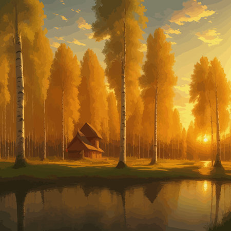 Vector illustration Autumn landscape golden alley park of birches near a pond , contemporary art impressionism abstractのイラスト素材