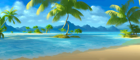 Stunning tropical beach with crystal clear water, palm trees, and blue sky, with copy space. Summer landscapeのイラスト素材