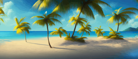 Stunning tropical beach with crystal clear water, palm trees, and blue sky, with copy space. Summer landscapeのイラスト素材