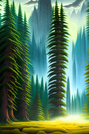 Landscape in scandinavian arctic forest, pine trees and snowy sunset, matte painting vector illustrationのイラスト素材