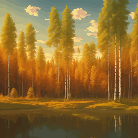 Vector illustration Autumn landscape golden alley park of birches near a pond , contemporary art impressionism abstractのイラスト素材