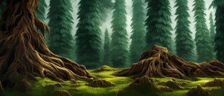 Landscape in scandinavian arctic forest, pine trees and snowy sunset, matte painting vector illustrationのイラスト素材
