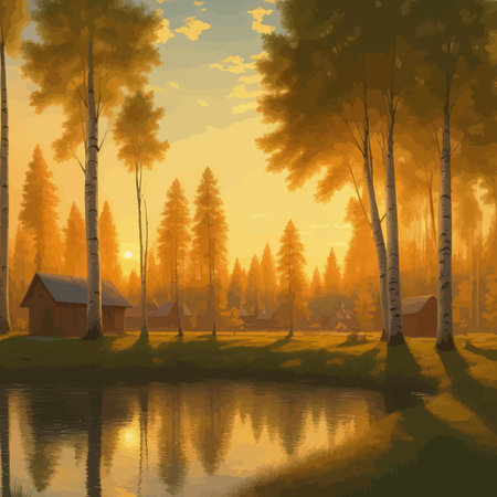 Vector illustration Autumn landscape golden alley park of birches near a pond , contemporary art impressionism abstractのイラスト素材