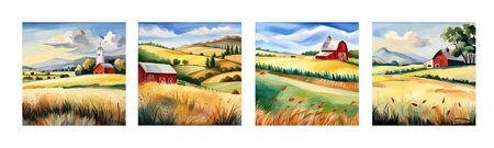 Farm on a hill with yellow or golden wheat field in a watercolor style, agriculture, cultivation, countryside, fieldのイラスト素材
