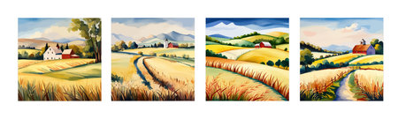 Farm on a hill with yellow or golden wheat field in a watercolor style, agriculture, cultivation, countryside, fieldのイラスト素材