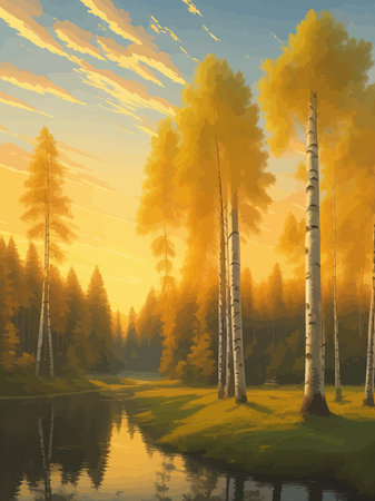 Vector illustration Autumn landscape golden alley park -modern art impressionism abstract landscape, Russian ruralのイラスト素材