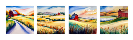Farm on a hill with yellow or golden wheat field in a watercolor style, agriculture, cultivation, countryside, fieldのイラスト素材