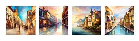Old town street with water channel Stray vinice background, city landscape view, watercolor drawing, Vector illustration.のイラスト素材