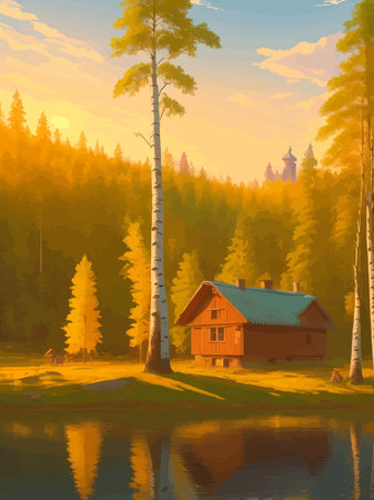 Vector illustration Autumn landscape golden alley park of birches near a pond , contemporary art impressionism abstractのイラスト素材