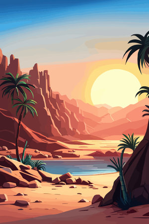 Desert background Summer with sun, sand, clouds, palms Trees Vector design style Nature Landscape.のイラスト素材