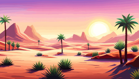 Desert background Summer with sun, sand, clouds, palms Trees Vector design style Nature Landscape.のイラスト素材