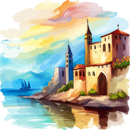 Old town street with water channel Stray vinice background, city landscape view, watercolor drawing, Vector illustration.のイラスト素材