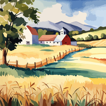 Farm on a hill with yellow or golden wheat field in a watercolor style, agriculture, cultivation, countryside, fieldのイラスト素材