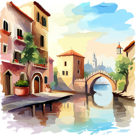 Old town street with water channel Stray vinice background, city landscape view, watercolor drawing, Vector illustration.のイラスト素材