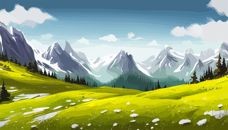 Beautiful fantasy landscape field full of spring, with color, background vector illustration. flowers against backdropのイラスト素材