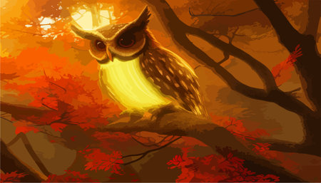 Owl. Realistic bird on dark moon forest background. Dark night background. autumn fairy tale art. Fashion templateのイラスト素材