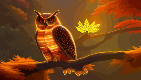 Owl. Realistic bird on dark moon forest background. Dark night background. autumn fairy tale art. Fashion templateのイラスト素材