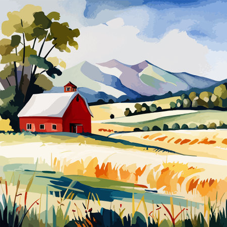 Farm on a hill with yellow or golden wheat field in a watercolor style, agriculture, cultivation, countryside, fieldのイラスト素材