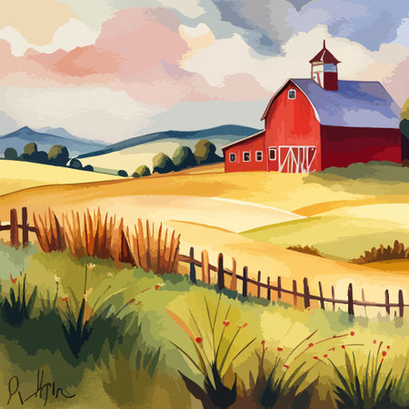 Farm on a hill with yellow or golden wheat field in a watercolor style, agriculture, cultivation, countryside, fieldのイラスト素材